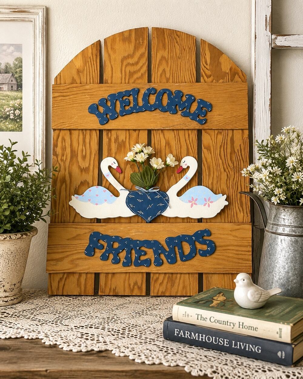 Vintage Style Welcome Friends Wooden Swan Wall Decor Folk Art Country Cottage
